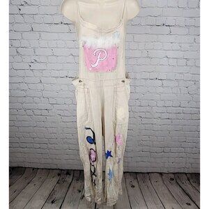 Free People Beige Linen Cotton Blend Reworked Painters Overalls Jumpsuit Large L